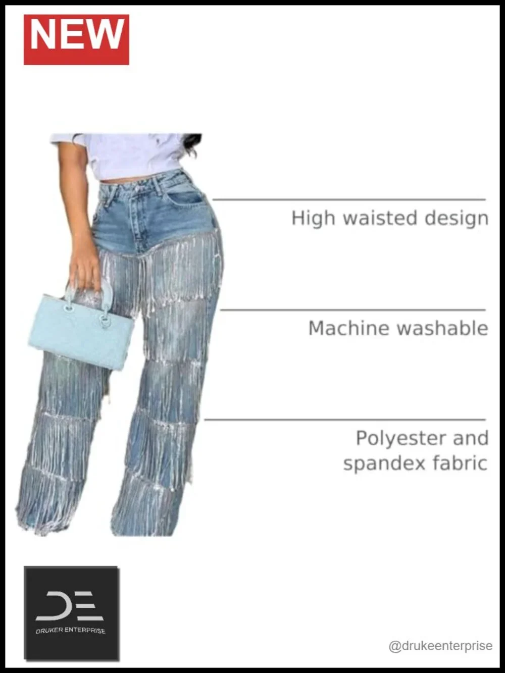 Women's High Waisted Sequin Fringe Jeans Baggy Straight Leg Sparkly Tassels